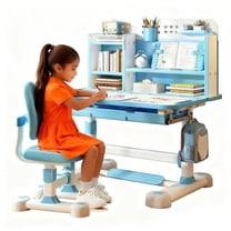 YNCE 2025 Upgrade Kid Desk and Chair Set, 50-Degree Tiltable Desktop Height Adjustable Kids Table and Chair Set with Bookshelf Storage Drawer for Bedroom Study Room