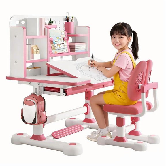 YNCE 2025 Upgrade Kid Desk and Chair Set, 50-Degree Tiltable Desktop Height Adjustable Kids Table and Chair Set with Bookshelf Storage Drawer for Bedroom Study Room