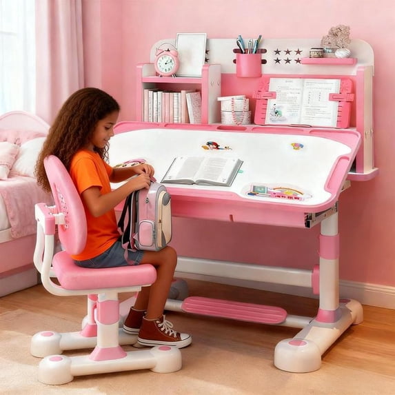 YNCE 2025 Upgrade Kid Desk and Chair Set, 50-Degree Tiltable Desktop Height Adjustable Kids Table and Chair Set with Bookshelf Storage Drawer for Bedroom Study Room