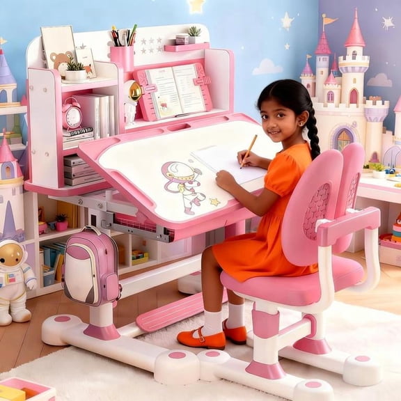 YNCE 2025 Upgraded Kids Desk and Chair Set, 50 Degree Tiltable&Height Adjustable Kids Desk with Storage Drawers and Bookshelf, Ergonomic Study Table for Kid