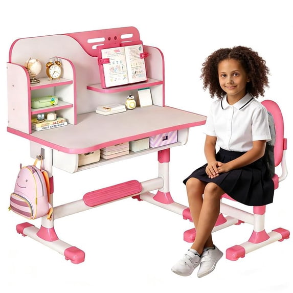 YNCE 2025 Upgraded Kids Desk and Chair Set, Height Adjustable Children Table and Chair Set with Cartoon Pattern Drawer Ergonomic Scientific Separation Study Writing Desk for Birthday