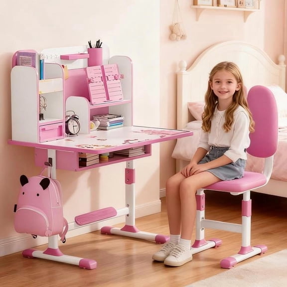 YNCE 2025 Upgraded Kids Desk and Chair Set, Kids School Desk Children Desk and Chair Set with Magnetic Back Plate, Drawers Schoolbag Hooks & Book Stand, Pen Holders (Pink #8)