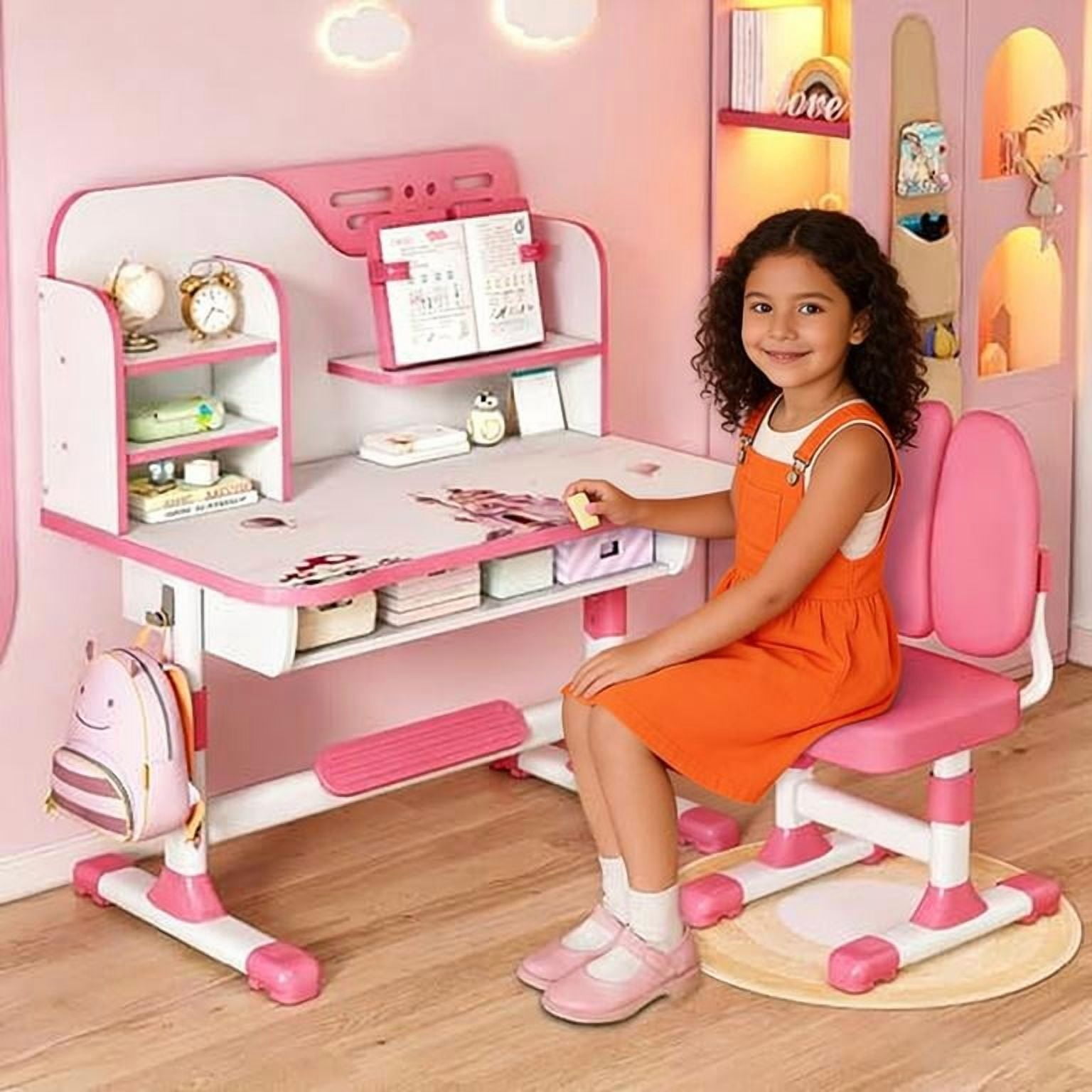 YNCE 2025 Upgraded Kids Desk and Chair Set, Kids School Desk Children Desk and Chair Set with Magnetic Back Plate, Drawers Schoolbag Hooks & Book Stand, Pen Holders