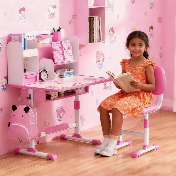 YNCE 2025 Upgraded Kids Desk and Chair Set, Kids School Desk Children Desk and Chair Set with Magnetic Back Plate, Drawers Schoolbag Hooks & Book Stand, Pen Holders