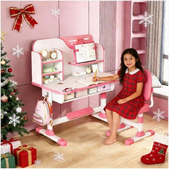 YNCE 2025 Upgraded Kids Desk and Chair Set, Kids School Desk Children Desk and Chair Set with Magnetic Back Plate, Drawers Schoolbag Hooks & Book Stand, Pen Holders