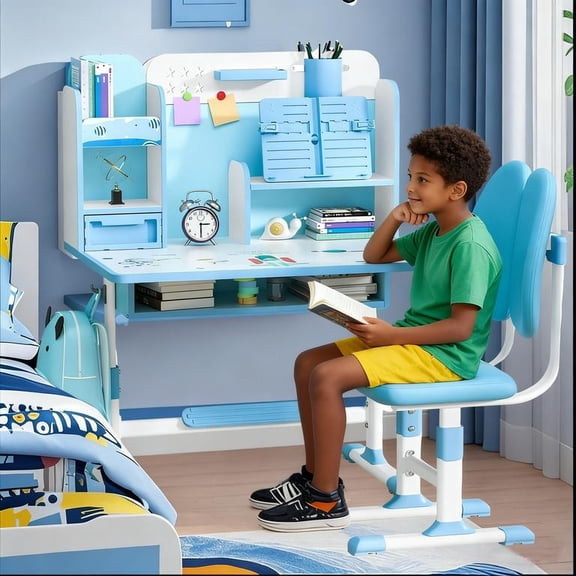 YNCE 2025 Upgraded Kids Desk and Chair Set, Kids School Desk Children Desk and Chair Set with Magnetic Back Plate, Drawers Schoolbag Hooks & Book Stand, Pen Holders