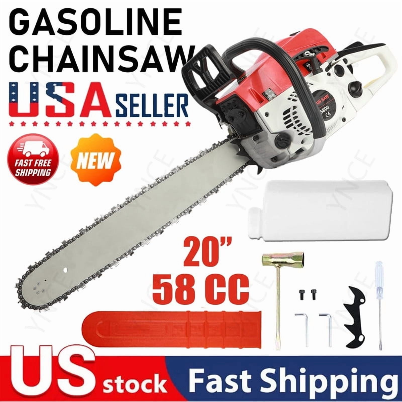 YNCE 20Inch Gas Chainsaw, 2-Stroke 58CC Gasoline Powered Chainsaw Cutting Wood Gas Sawing Chain Saw, 3.2HP Cordless Manual Starting for Forest Wood Garden and Farm Cutting Use