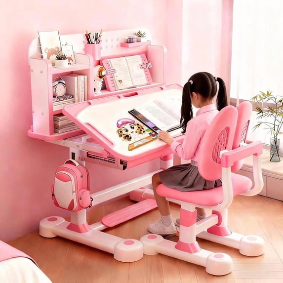 YNCE 2Pcs Kids Function Desk Chair Set,Height Adjustable Children School Table Chair Set with Partition Design,Bookstand,Drawer,Ergonomic Desk Chair with Wide Writing Board,Sitting Corrector