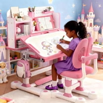 YNCE 2Pcs Kids Function Desk Chair Set,Height Adjustable Children School Table Chair Set with Partition Design,Bookstand,Drawer,Ergonomic Desk Chair with Wide Writing Board,Sitting Corrector