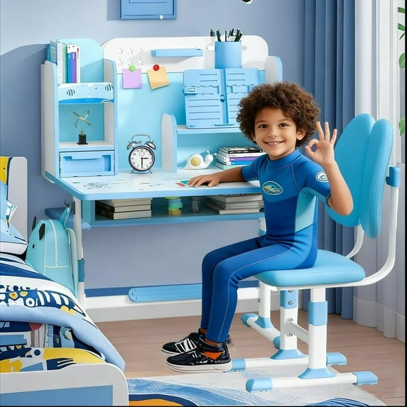 YNCE 2Pcs/Set Kids Kids Functional Desk and Chair Set,Height Adjustable Children School Study Table Chair Set with Sitting Corrector,Student Writing Ergonomic Desk Chair with Book Stand