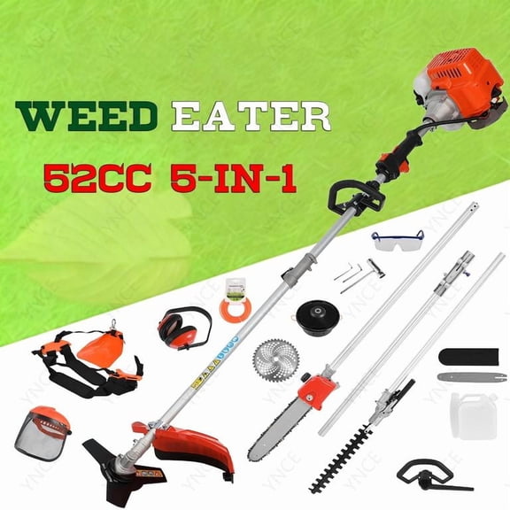 YNCE 5 in 1 Gas Weed Eater, 52cc 2-Cycle Grass Trimmer & Hedge Trimmer, Brush Cutter, Weed Wacker Gas Powered, Pole Saw with Extension Pole, String Trimmer for Home, Garden, Lawn Care