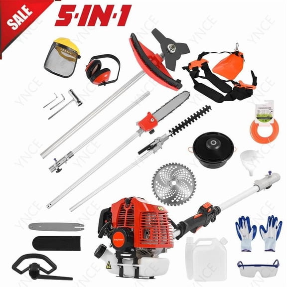 YNCE 5 in 1 Weed Wacker Gas Powe, 52CC 2-Stroke String Trimmer/Edger, Pole Saw, Hedge Trimmer and Brush Cutter Blade with Extension Pole – Gas Powe Yard Tool for Landscaping