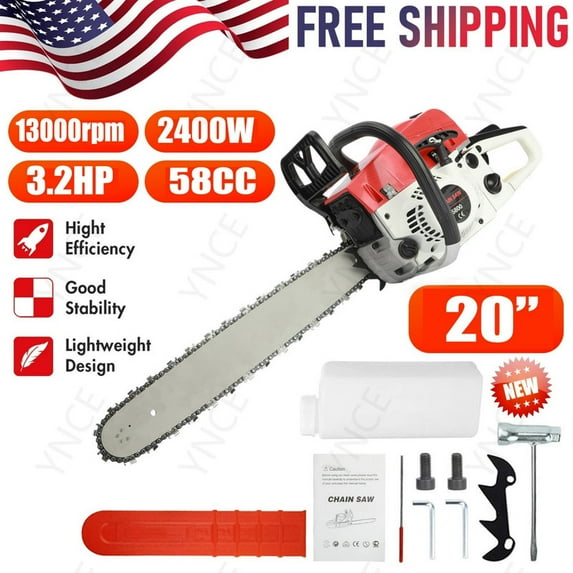 YNCE 58 cc Gas Powered Chainsaw, 20 in Quick-Switch Bars – 550 ml Fuel Tanks, Automatic Chain Oiler, Centrifugal Air Filter, Quick Start, Inertial Chain Brake