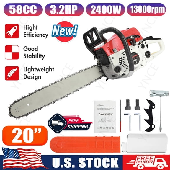 YNCE 58cc Gas Chainsaw, 20-Inch Professional Chainsaw with 2-Cycle Engine & Anti-Vibration System, Quick Start Technology for Tree Cutting, Firewood, Logging