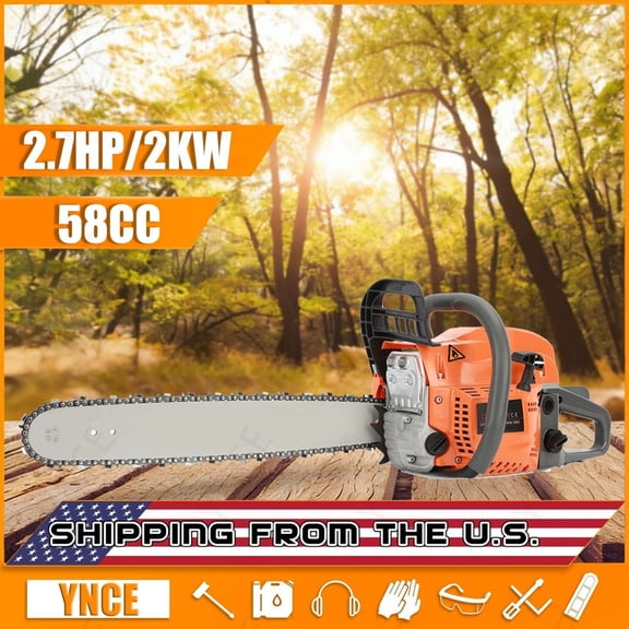 YNCE 58cc Gas Chainsaw, 20 Inch Professional Chainsaw with 2-Cycle Engine & Anti-Vibration System, Quick Start Technology for Tree Cutting, Firewood, Logging