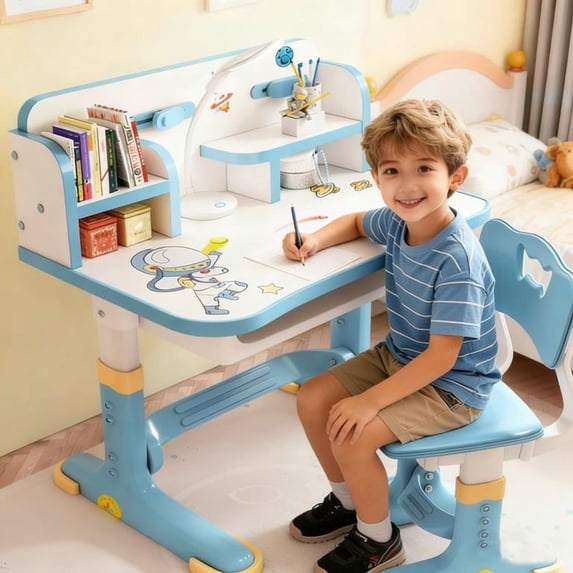 YNCE Children Learning Desk and Chair Set Learning Desk Height Adjustable with Drawer Wide Desktop Cartoon Pattern Table and Chair Set Suitable for Reading, Learning, Writing, Painting, Etc