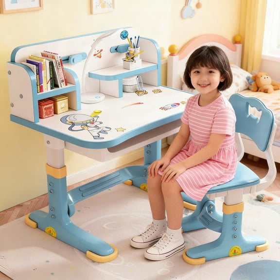 YNCE Desk and Chair Set,Kids Widened Desktop Cartoon Pattern Desk Chair Set Children Study Desk Height Adjustable Children School Study Desk School Home Study Table with Drawer Chair
