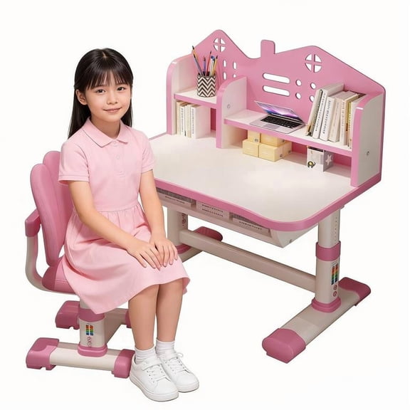 YNCE Desk for Kids, Kids Desk and Chair Set Adjustable Height with Drawers and Storage, Cartoon Pattern Kids Desk, Curved Desktop School Study Desk for Kids, Kids' Desks for Girls