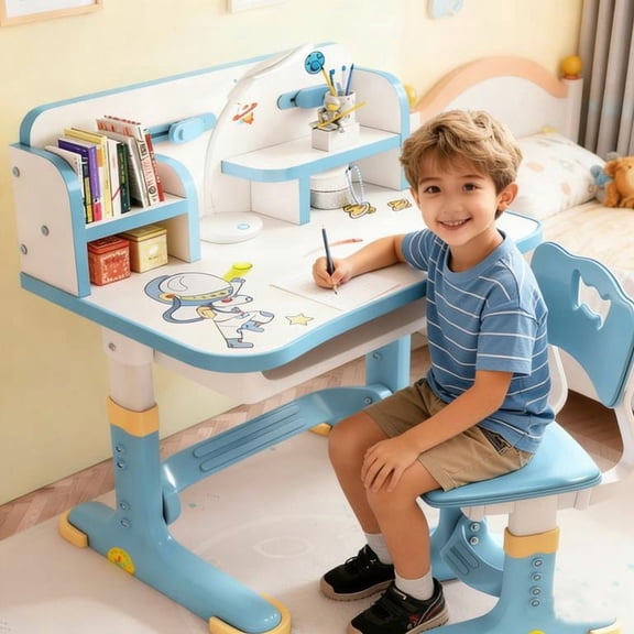 YNCE Desk for Kids, Kids Desk and Chair Set Adjustable Height with Drawers and Storage, Cartoon Pattern, Curved Desktop School Study Table for Boys