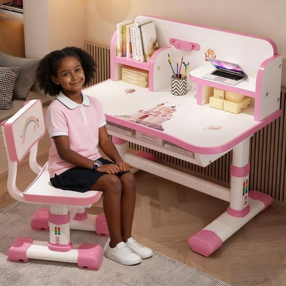 YNCE Desk for Kids, Kids Desk and Chair Set Adjustable Height with Drawers and Storage, Cartoon Pattern, Curved Desktop School Study Table for Girls