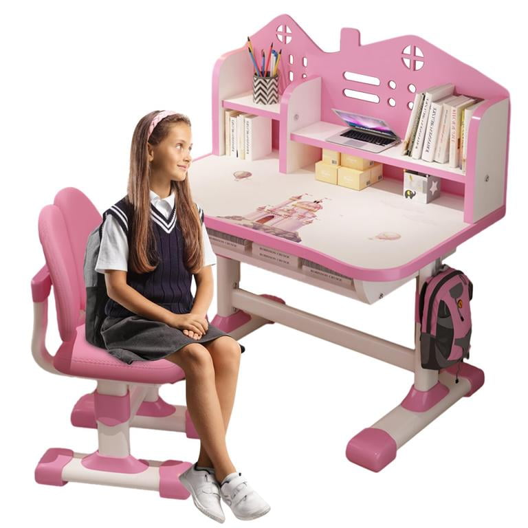 YNCE Desk for Kids, Kids Desk and Chair Set Height Adjustable for Girls, Kid Study Table and Chair Set with Widened Desktop Storage Drawer (Pink #1)