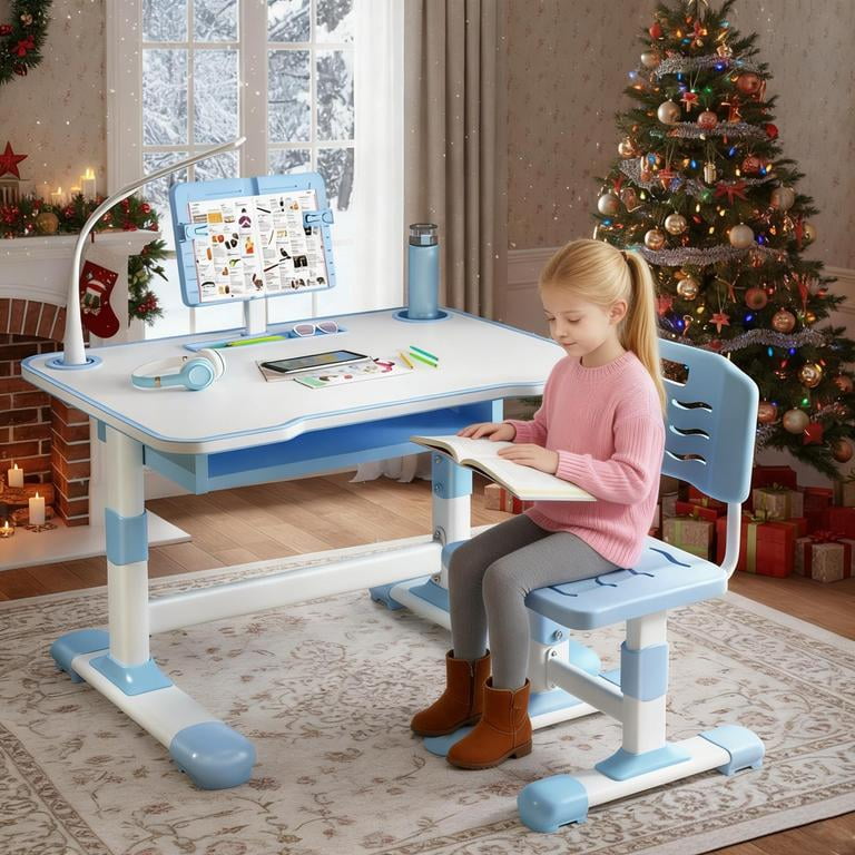 YNCE Desk for Kids, Kids Desk and Chair Set Height Adjustable for Girls, Kid Study Table and Chair Set with Widened Desktop Storage Drawer