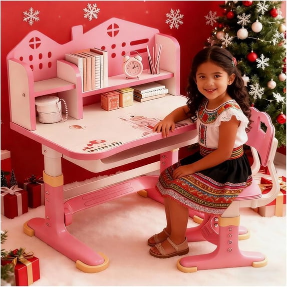 YNCE Desk for Kids, Kids Desk and Chair Set Height Adjustable for Girls, Kids Study Table and Chair Set with Widened Desktop Storage Drawer