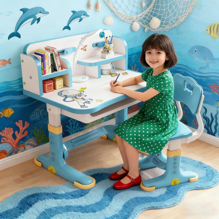YNCE Desk for Kids, Kids Desk and Chair Set Height Adjustable for Girls, Kids Study Table and Chair Set with Widened Desktop Storage Drawer