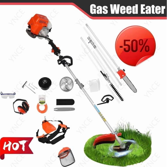 YNCE Gas Weed Eater, 52cc 2-Stroke Weed Eater Gas Powered, 5 in 1 Multi-Functional Gas Weed Wacker with Full Functioning Guard Accessories