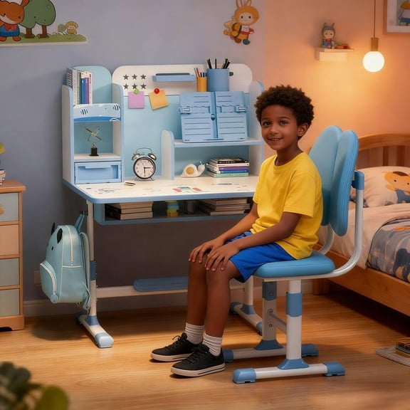 YNCE Height Adjustable Children's Desk and Chair Set with Storage Drawers for Children's Home and Bedroom Furniture, Divided, School Study Room, Good for Homework, Study, Gift for Boys and Girls