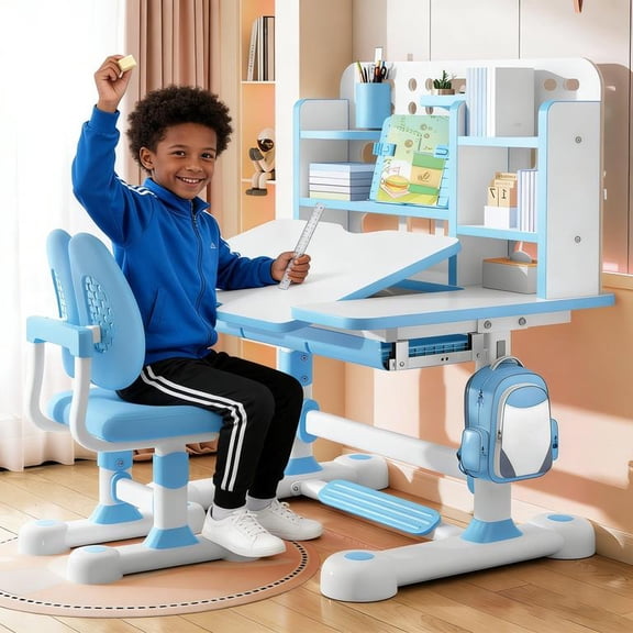 YNCE Kid Functional Desk and Chair Set, Height Adjustable Ergonomic Kids Art Table and Chair with Tiltable Desktop, Storage Drawer, Bookshelf, Hand-Cranked Lift, Desk for Kids Bedroom 6-12