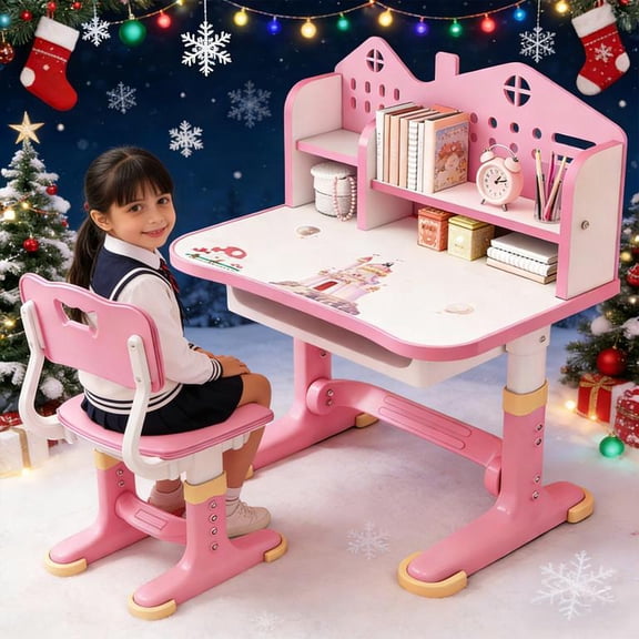 YNCE Kids Adjustable Study Desk & Chair Set, Girl Desk, Child Toddler Homework Table, Princess Children Preschool Desk for Computer Writing Homework, Escritorio Mesas para Niña