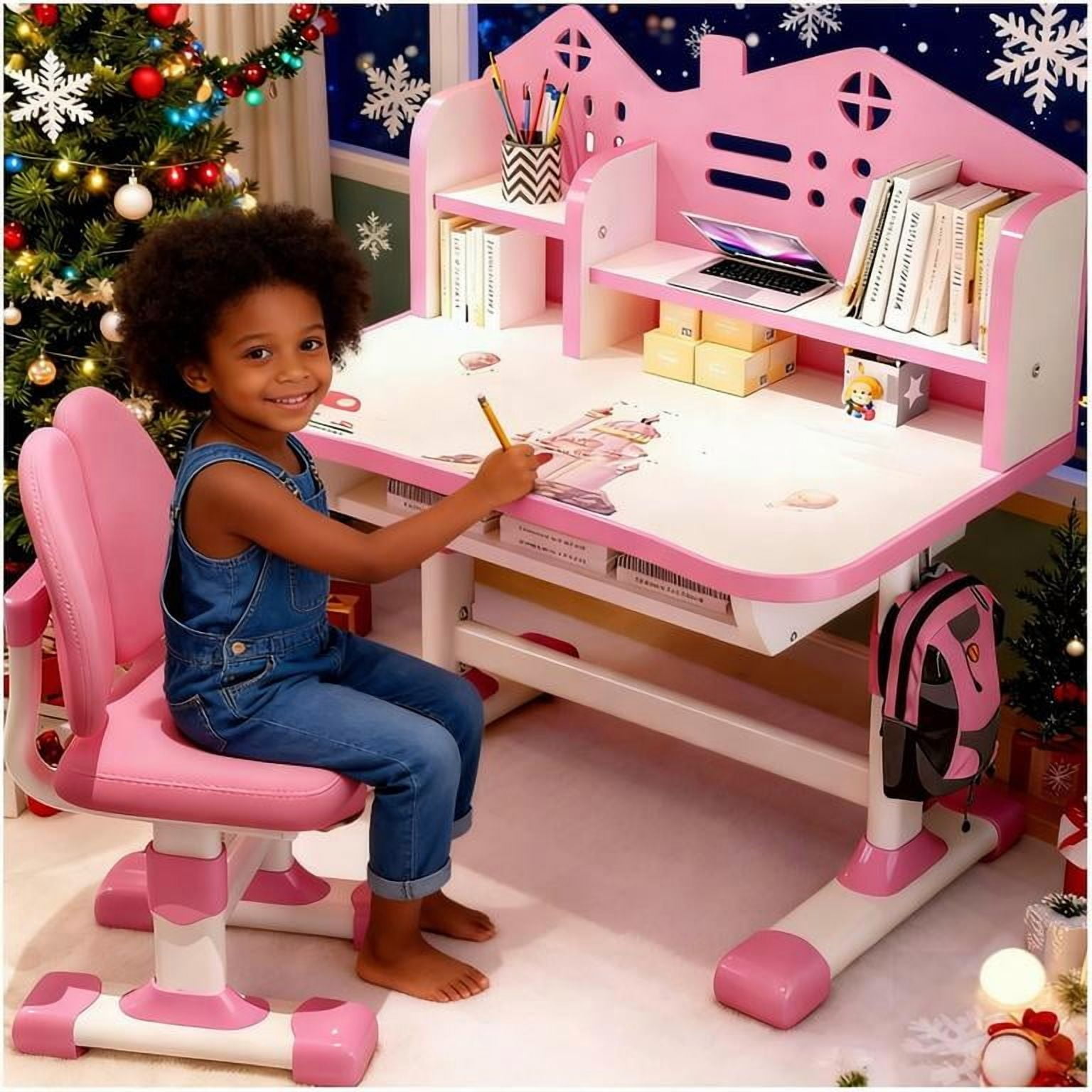 YNCE Kids Adjustable Study Desk & Chair Set w/ Storage,Drawers,Bookshelf,Child Toddler Writing Homework Table,Little Girl Work Computer Desk,Princess Preschool Table,Escritorio Mesas Para Niña