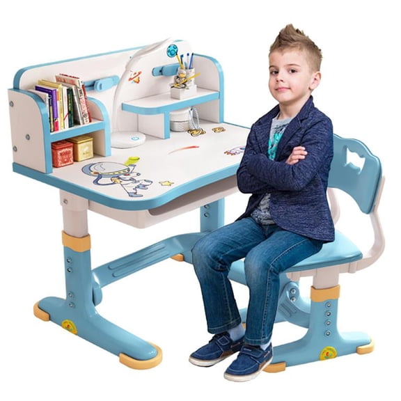 YNCE Kids Desk and Chair Set, Adjustable Height Children Study Table and Chair Set with Drawer, Cartoon Pattern Study Table for Toddlers 3-12 Years (Blue #2)