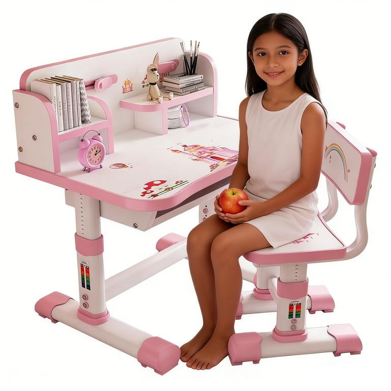 YNCE Kids Desk and Chair Set, Adjustable Height Ergonomic Study Table with Vision Protection & Book Bucket, 3-18 Years Children's Writing Desk Set with Cartoon Pattern, Easy Assemble