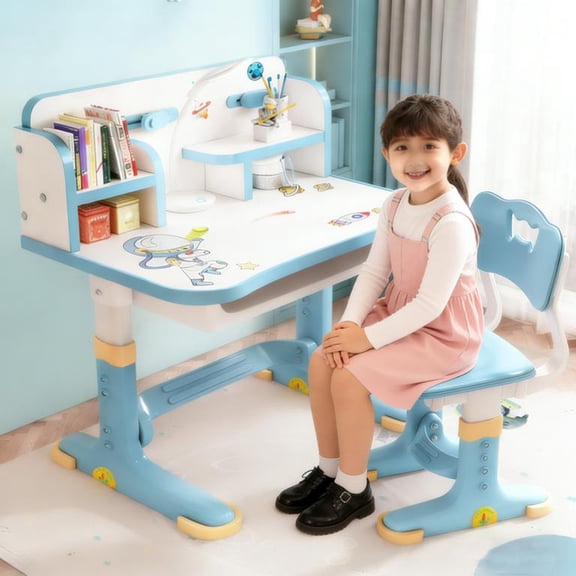 YNCE Kids Desk and Chair Set with Cartoon Pattern, Ergonomic Adjustable Height Study Desk with Drawer, Golden Distance Design for Children Ages 3-16, Anti-Slip PP Legs & Spine Support Chair