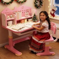 YNCE Kids Desk and Chair Set, Ergonomic Height Adjustable, Study Desk with Bookshelf, Book Stand, Metal Hook and Storage Drawer for Boys Girls,Student Writing Desks for 5-12 Years