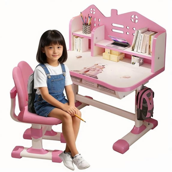 YNCE Kids Desk and Chair Set, Height Adjustable Astronaut Pattern Children School Desk with Shelf & Large Drawers, Kids Writing Study Table for Boys Girls 3+