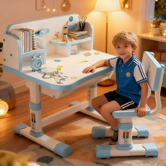 YNCE Kids Desk and Chair Set, Height Adjustable Astronaut Pattern Children School Desk with Shelf & Large Drawers, Kids Writing Study Table for Boys Girls 3+