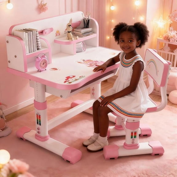 YNCE Kids Desk and Chair Set, Height Adjustable Astronaut Pattern Children School Desk with Shelf & Large Drawers, Kids Writing Study Table for Boys Girls 3+