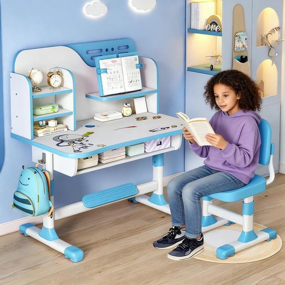 YNCE Kids Desk and Chair Set, Height Adjustable Astronaut Pattern Children School Desk with Shelf & Large Drawers, Kids Writing Study Table for Boys Girls 3+