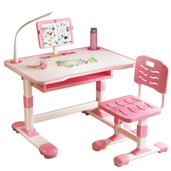 YNCE Kids Desk and Chair Set, Height Adjustable Children's Study Desk with Spacious Storage Drawer, Golden Distance Preventing Myopia Design for Kids (Pink #1)