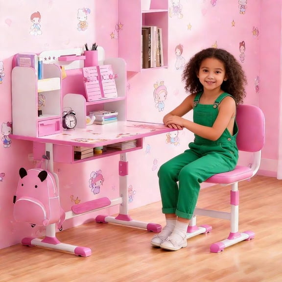 YNCE Kids Desk and Chair Set, Height Adjustable Children School Study Table and Chair Set, Kids Desk with Book Stand, Storage Drawer, Foot Pedal, Side Hook