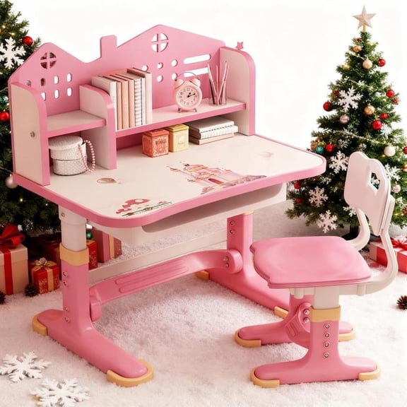 YNCE Kids Desk and Chair Set,Height Adjustable Children Study Chair Set,Multifunctional Writing Desk Table with Drawer,Bookstand,Ergonomic Learning Drawing Table for Girl Boy (Pink #6)