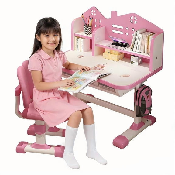 YNCE Kids Desk and Chair Set, Height Adjustable Children Study Desk, Golden Distance Preventing Myopia Design, Children Study Desk with Spacious Storage Drawer for Boys Girls School Home Study Tool