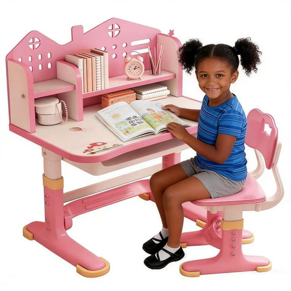 YNCE Kids Desk and Chair Set, Height Adjustable Desks for Kids, Kid Desk with Storage,Toddler Table Study Table with Bookshelf and Drawer, for Boys and Girls