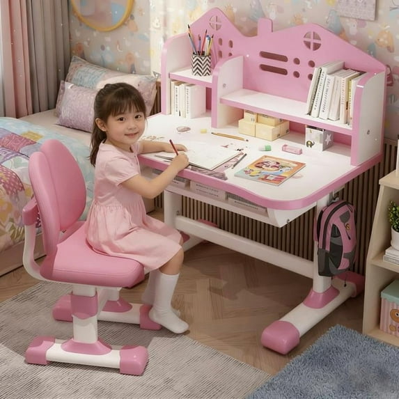 YNCE Kids Desk and Chair Set, Height Adjustable Desks for Kids, Kid Desk with Storage,Toddler Table Study Table with Bookshelf and Drawer, for Boys and Girls