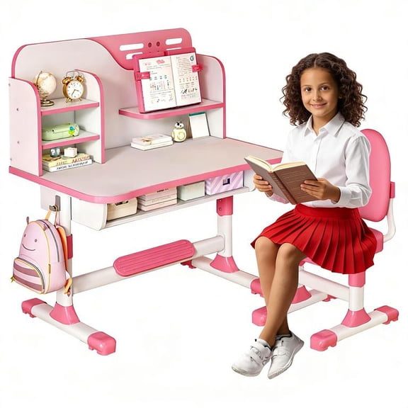 YNCE Kids Desk and Chair Set, Height Adjustable Kids Art Desk, Ergonomic Study Table for Kids, Childrens Table and Chair Set with Cartoon Pattern, Drawer, Bookshelf, Spacious Table for Kids