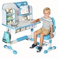 thumbnail image 1 of YNCE Kids Desk and Chair Set, Height Adjustable Kids Art Desk, Ergonomic Study Table for Kids, Childrens Table and Chair Set with Cartoon Pattern, Drawer, Bookshelf, Spacious Table for Kids, 1 of 9