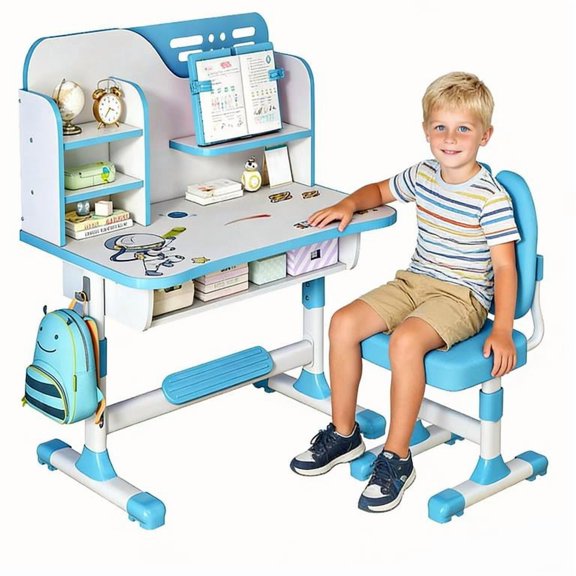 YNCE Kids Desk and Chair Set, Height Adjustable Kids Art Desk, Ergonomic Study Table for Kids, Childrens Table and Chair Set with Cartoon Pattern, Drawer, Bookshelf, Spacious Table for Kids